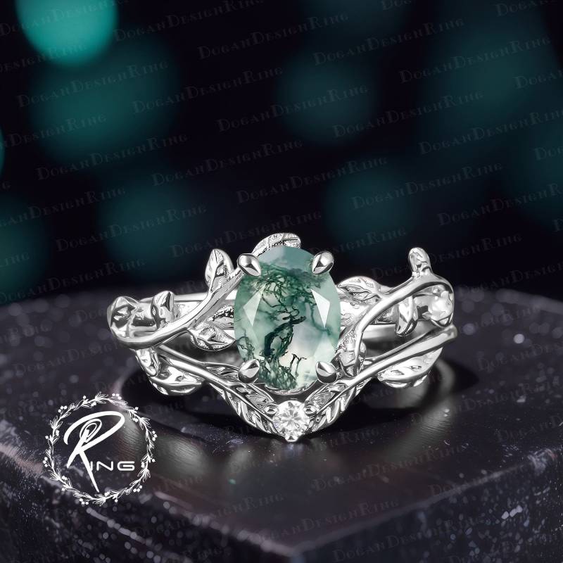Unique Oval Cut Moss Agate Engagement Ring Set Art Deco Solid 14K White Gold Promise Nature Inspired Leaf Vine Bridal Jewelry Gift von DoganCustomizedGifts