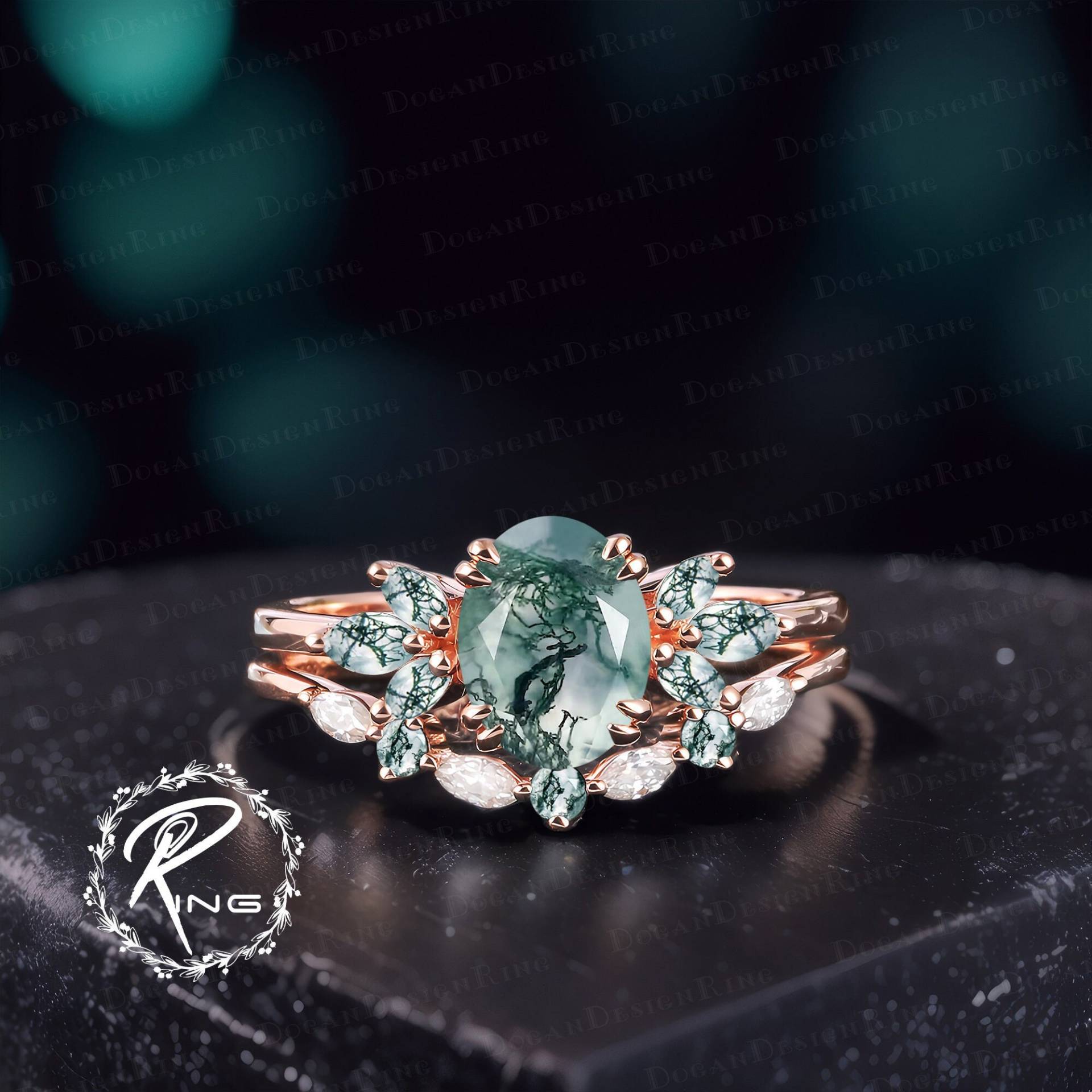 Unique Oval Cut Moss Agate Engagement Ring Sets Vintage Solid 14K Rose Gold Promise Art Deco Bridal Sets Anniversary Gifts For Her Unique Oval Cut Moss Agate Engagement Ring Sets Vintage Solid 14K Rose Gold Promise Art Deco Bridal Sets Anniversary Gifts For Her von DoganCustomizedGifts
