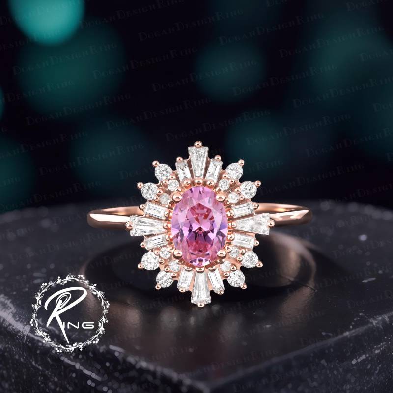 Unique Oval Cut Pink Sapphire Engagement Ring Art Deco Rose Gold Gemstone Promise Cluster Halo Diamond Handmade Jewelry Gift von DoganCustomizedGifts