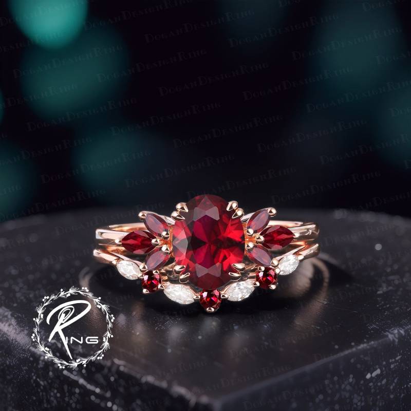 Unique Oval Cut Ruby Engagement Ring Sets Vintage 14K Rose Gold Promise Art Deco Red Gemstone Bridal Sets Anniversary Gift For Her von DoganCustomizedGifts