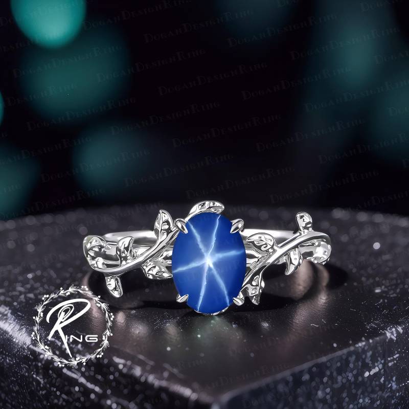 Unique Oval Star Blue Sapphire Engagement Ring Art Deco White Gold Promise Nature Inspired Leaf September Birthstone Jewelry Gift von DoganCustomizedGifts