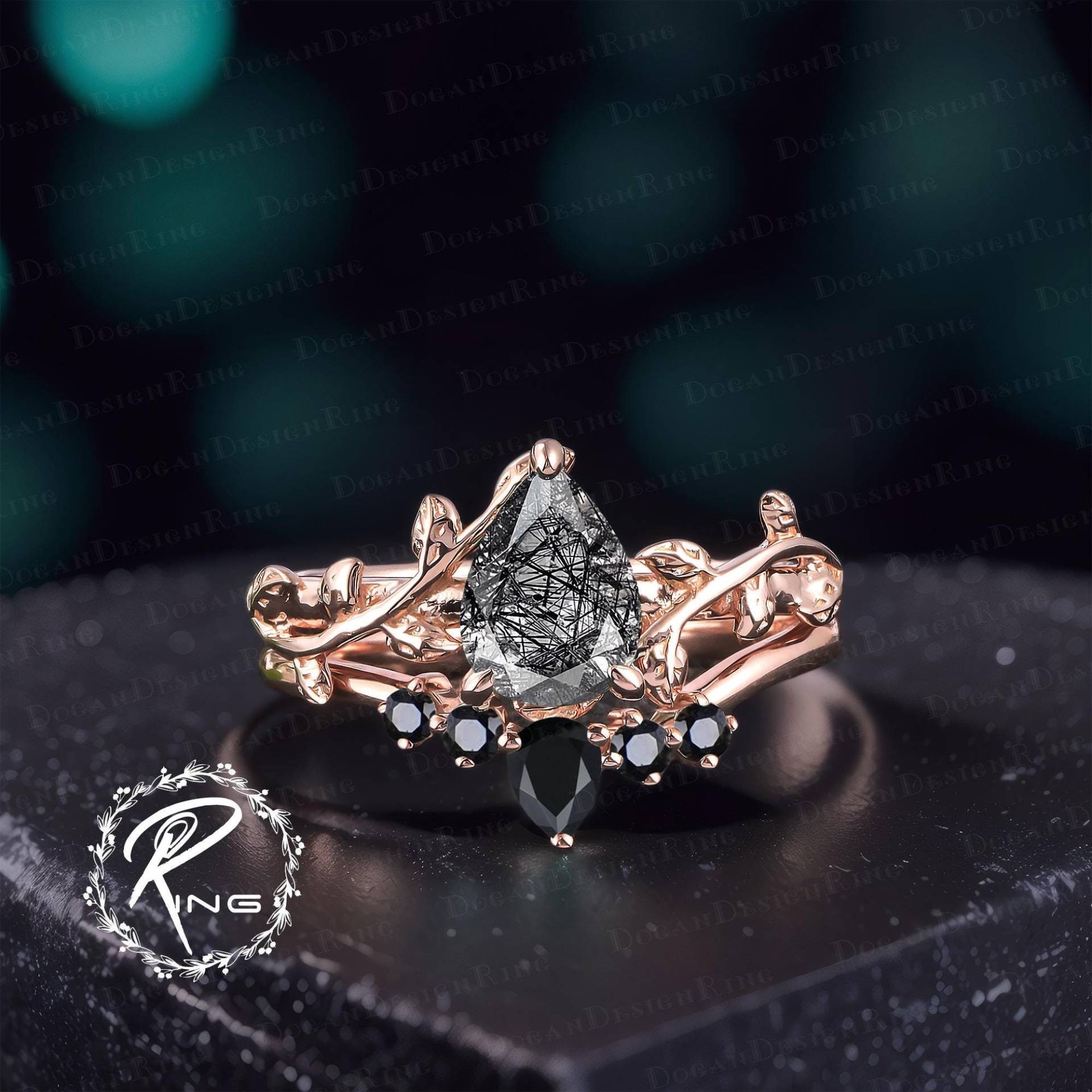 Unique Pear Cut Black Rutilated Quartz Engagement Ring Set Solid 14K Rose Gold Leaf Promise Nature Inspired Bridal Her Jewelry Gift Unique Pear Cut Black Rutilated Quartz Engagement Ring Set Solid 14K Rose Gold Leaf Promise Nature Inspired Bridal Her Jewelry Gift von DoganCustomizedGifts