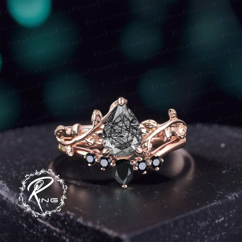 Unique Pear Cut Black Rutilated Quartz Engagement Ring Set Solid 14K Rose Gold Leaf Promise Nature Inspired Bridal Her Jewelry Gift Unique Pear Cut Black Rutilated Quartz Engagement Ring Set Solid 14K Rose Gold Leaf Promise Nature Inspired Bridal Her Jewelry Gift von DoganCustomizedGifts