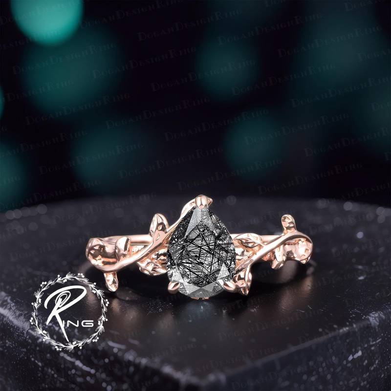 Unique Pear Cut Black Rutilated Quartz Engagement Ring Solid 14K Rose Gold Leaf Promise Nature Inspired Jewelry Gift For Her von DoganCustomizedGifts