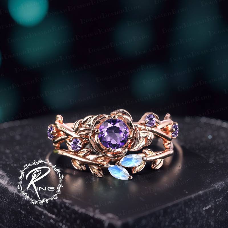 Uniuqe Amethyst Engagement Ring Sets Nature Inspired Rose Flower Leaf Promise Art Deco Solid 14K Gold Bridal Set Anniversary Gifts von DoganCustomizedGifts