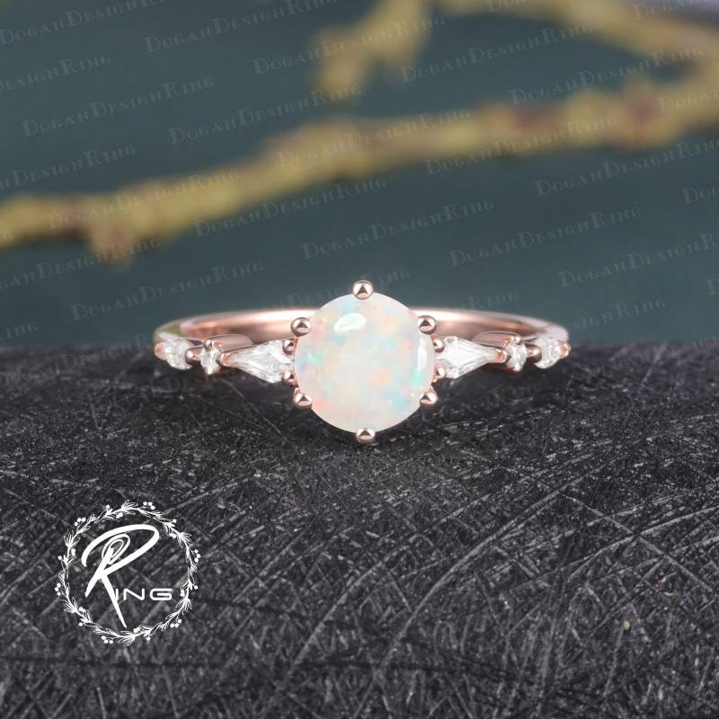 Uniuqe Opal Engagement Ring Unique 14K Solid Rose Gold Promise Ring For Her Vintage Cluster Anniversary Gift Women Personalized Jewelry von DoganCustomizedGifts