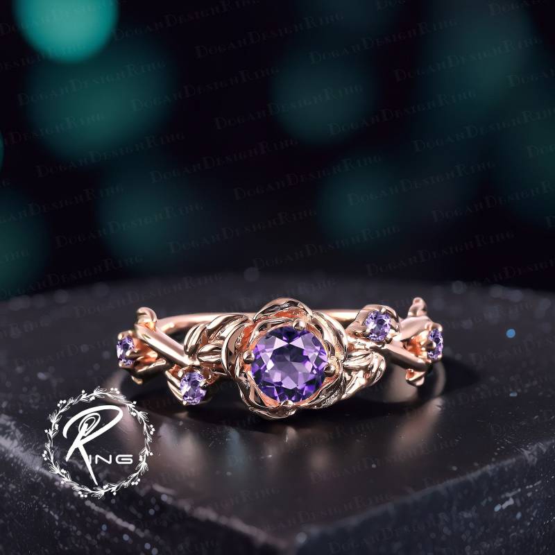 Vintage Amethyst Engagement Ring Nature Inspired Rose Flower Promise Art Deco Solid 14K Gold Leaf Uniuqe Anniversary Gifts von DoganCustomizedGifts