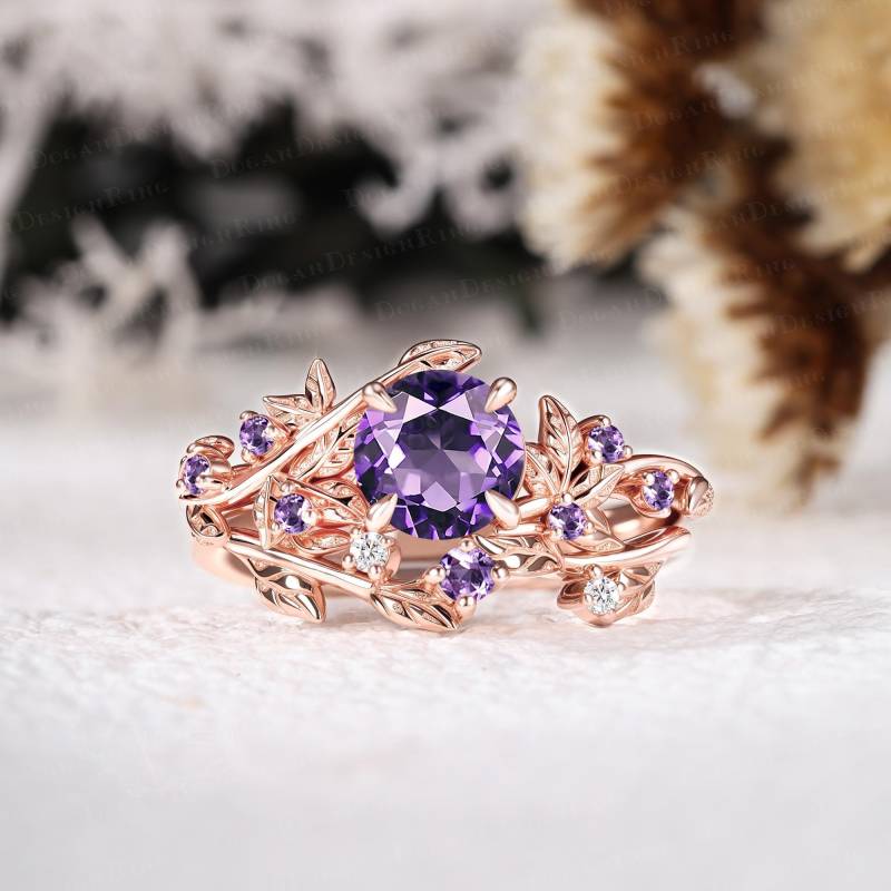Vintage Amethyst Engagement Ring Set Art Deco 14K Rose Gold Promise Nature Inspired Leaf Bridal Handmade Jewelry Gift von DoganCustomizedGifts