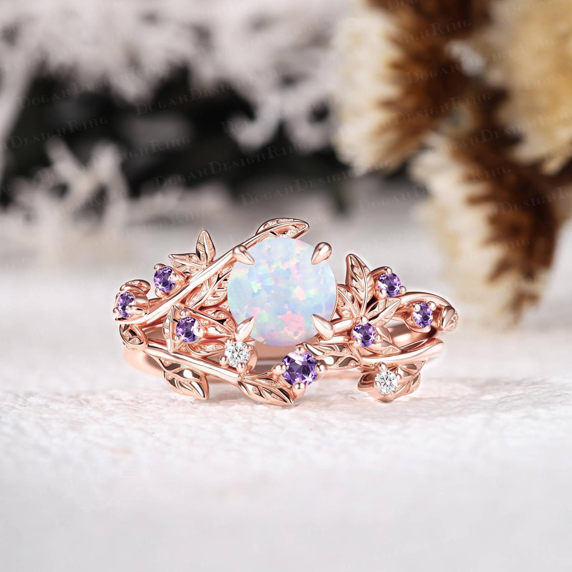 Vintage Fire Opal Engagement Ring Set Art Deco Rose Gold Promise Nature Inspired Leaf Bridal Handmade Jewelry Gift Vintage Fire Opal Engagement Ring Set Art Deco Rose Gold Promise Nature Inspired Leaf Bridal Handmade Jewelry Gift von DoganCustomizedGifts