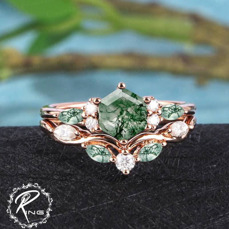 Vintage Hexagon Cut Moss Agate Engagement Ring Sets Art Deco Promise Solid 14K Rose Gold Bridal Uniuqe Anniversary Gifts For Women von DoganCustomizedGifts