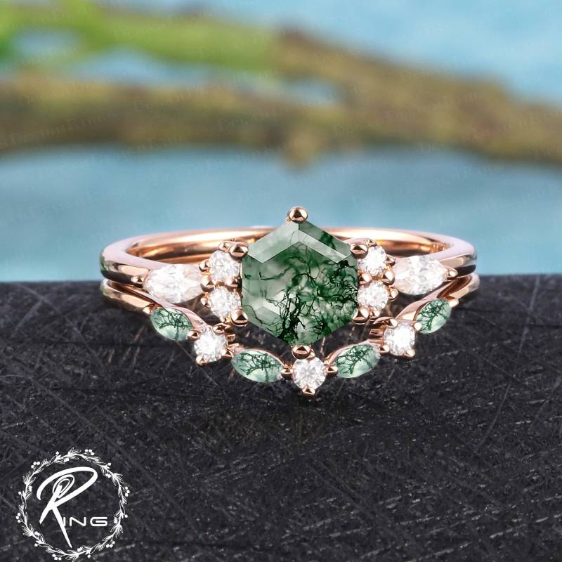 Vintage Hexagon Cut Moss Agate Engagement Ring Sets Unique 14K Rose Gold Promise Art Deco Bridal Uniuqe Anniversary Gifts For Her von DoganCustomizedGifts