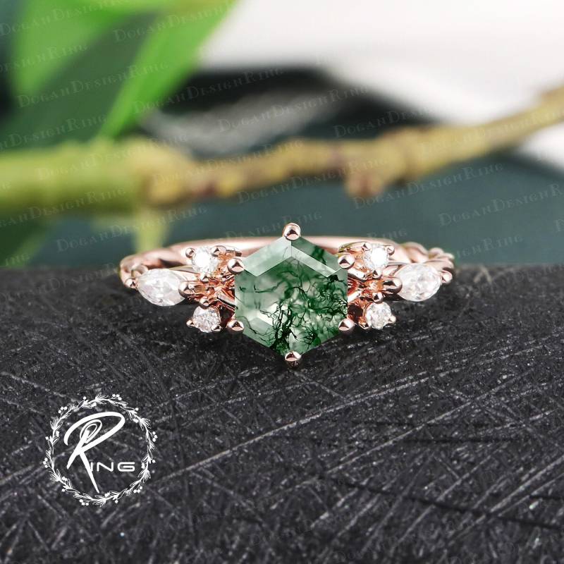 Vintage Hexagon Cut Moss Agate Engagement Ring Unique 14K Rose Gold Promise Art Deco Cluster Uniuqe Anniversary Gifts For Women von DoganCustomizedGifts