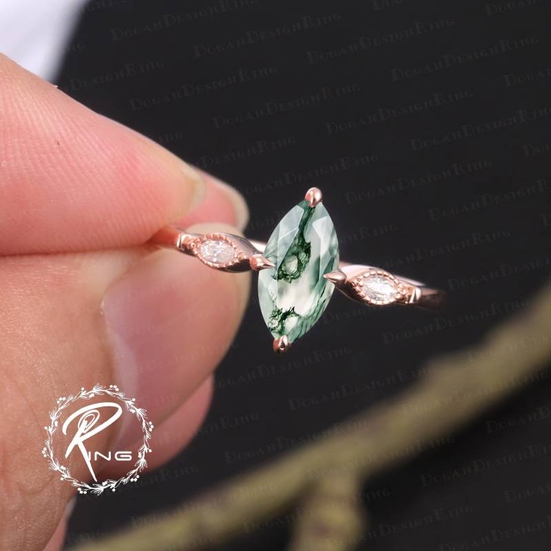 Vintage Marquise Cut Moss Agate Engagement Ring Unique Solid Rose Gold Promise Art Deco Diamond Cluster Anniversary Gifts For Her von DoganCustomizedGifts