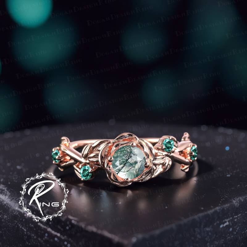 Vintage Moss Agate Engagement Ring Nature Inspired Rose Flower Promise Art Deco Solid 14K Gold Leaf Uniuqe Anniversary Gifts von DoganCustomizedGifts