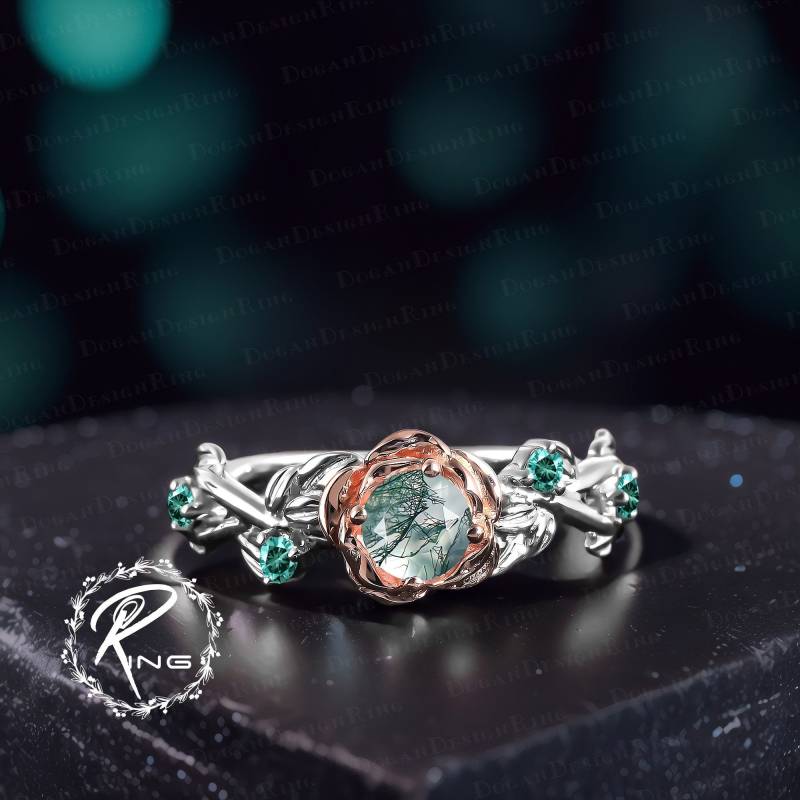 Vintage Moss Agate Engagement Ring Nature Inspired Rose Flower Promise Art Deco Solid Two Tone Gold Leaf Uniuqe Anniversary Gifts von DoganCustomizedGifts