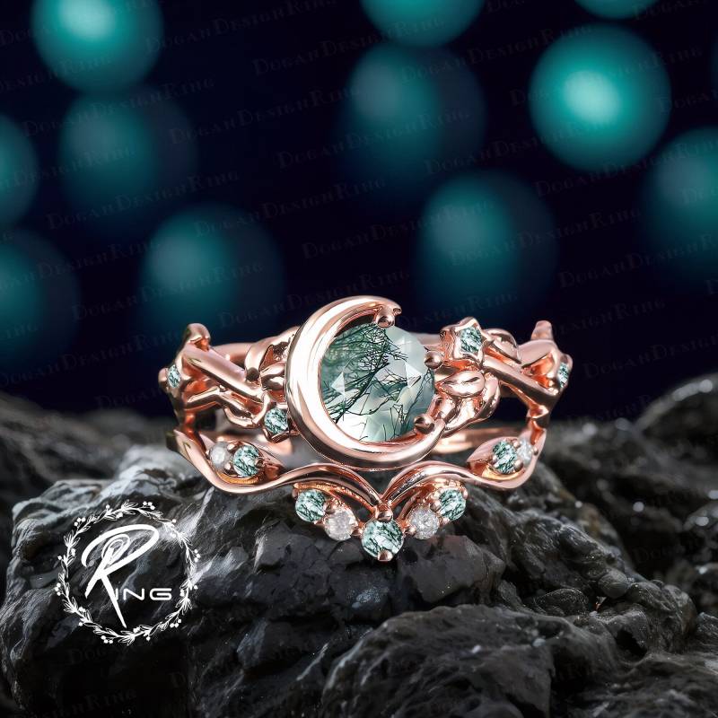 Vintage Moss Agate Engagement Ring Sets Nature Inspired Moon Leaf Promise Art Deco Solid Rose Gold Bridal Uniuqe Anniversary Gifts von DoganCustomizedGifts