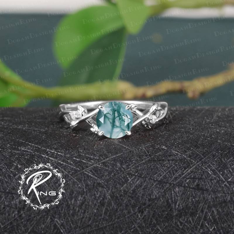 Vintage Moss Agate Engagement Ring Unique 14K 18K Solid White Gold Promise Art Deco Twist Leaf Uniuqe Anniversary Gifts For Women von DoganCustomizedGifts