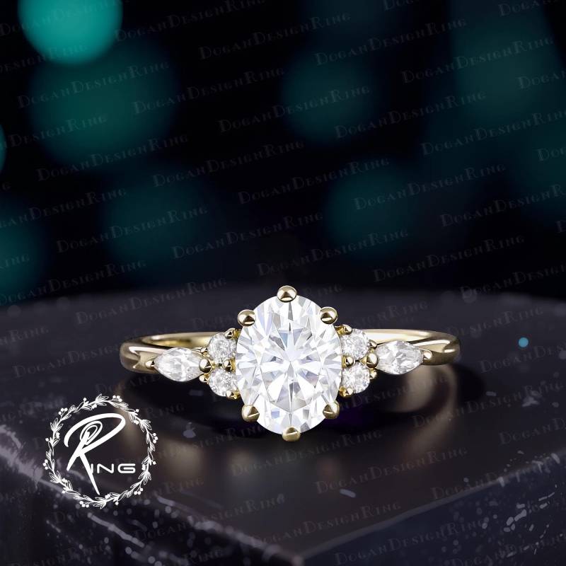 Vintage Oval Cut Moissanite Engagement Ring Art Deco Solid 14K Gold Promise Unique Diamond Cluster Handmade Jewelry Gift For Women von DoganCustomizedGifts