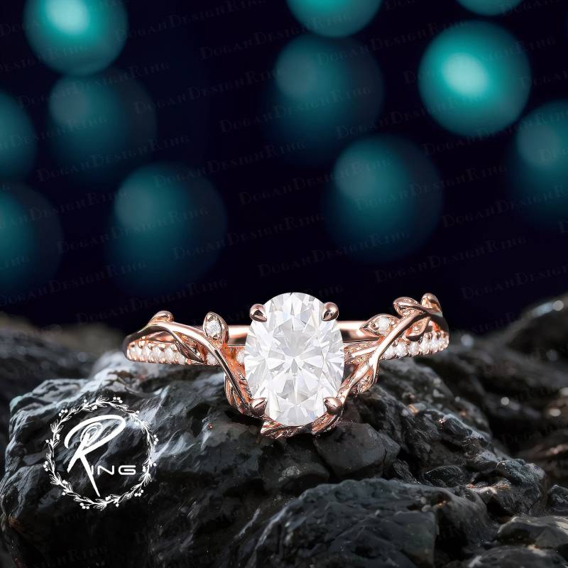 Vintage Oval Cut Moissanite Engagement Ring Solid Rose Gold Diamond Promise Nature Inspired Art Deco Leaf Handmade Jewelry Gift von DoganCustomizedGifts