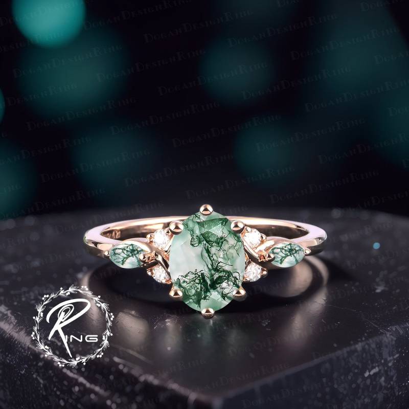 Vintage Oval Cut Moss Agate Engagement Ring Art Deco Promise Solid 14K 18K Rose Gold Cluster Uniuqe Anniversary Gifts For Women von DoganCustomizedGifts