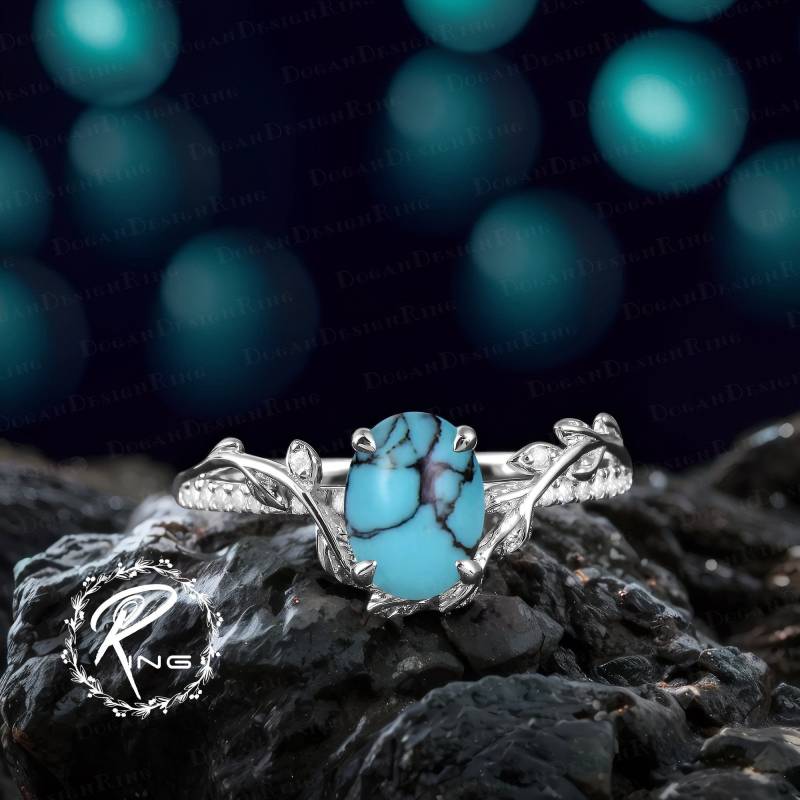 Vintage Oval Cut Turquoise Engagement Ring Solid 14K White Gold Promise Nature Inspired Art Deco Leaf Unique Handmade Jewelry Gift von DoganCustomizedGifts