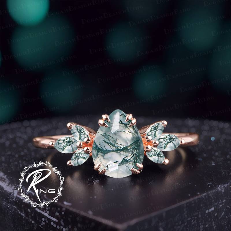 Vintage Pear Shaped Moss Agate Engagement Ring Unique Solid 14K 18K Rose Gold Promise Art Deco Cluster Anniversary Gifts For Women von DoganCustomizedGifts