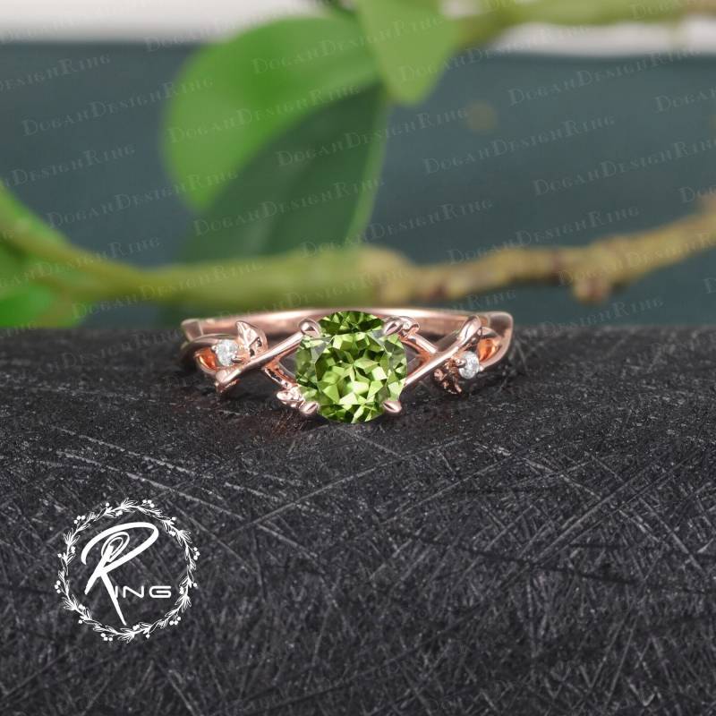 Vintage Peridot Engagement Ring Unique 14K Solid Rose Gold Promise Ring Uniuqe Twist Leaf Anniversary Gifts Personalized Jewelry Women von DoganCustomizedGifts