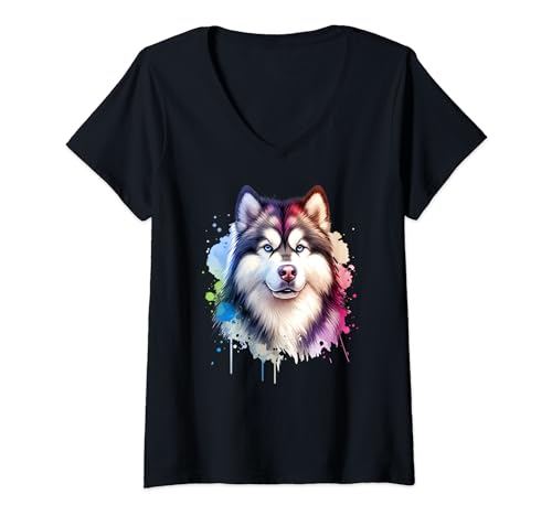 Damen Kunstwerk der Arbeitsgruppe Alaskan Malamute Dog T-Shirt mit V-Ausschnitt von Doggies Unlimited