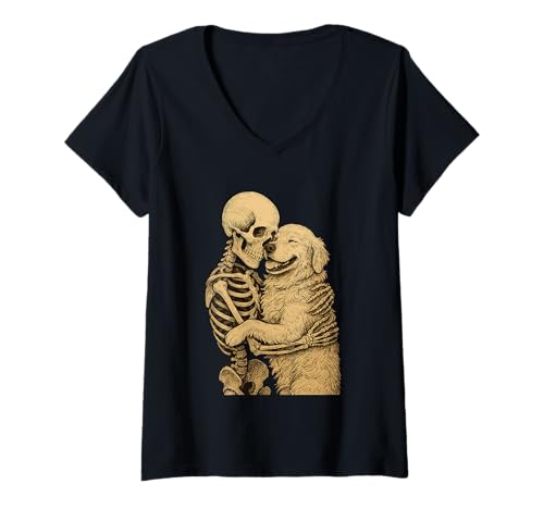 Damen Skelett umarmender Hund Gothic Pet Love Kunstwerk T-Shirt mit V-Ausschnitt Damen Skelett umarmender Hund Gothic Pet Love Kunstwerk T-Shirt mit V-Ausschnitt von Doggo Bond