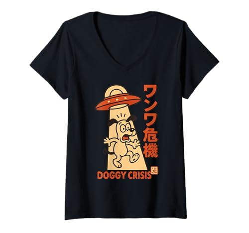 Damen Lustiger Hund mit Pilzhut Retro Japanische Kunst T-Shirt mit V-Ausschnitt Damen Lustiger Hund mit Pilzhut Retro Japanische Kunst T-Shirt mit V-Ausschnitt von Doggy Crisis Retro Japanese Humor Apparel