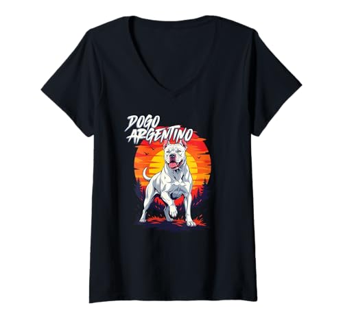 Damen Dogo Argentino Hundegrafik, Retro-Sonnenuntergang T-Shirt mit V-Ausschnitt von Dogo Argentino Dog Breed Art Lovers