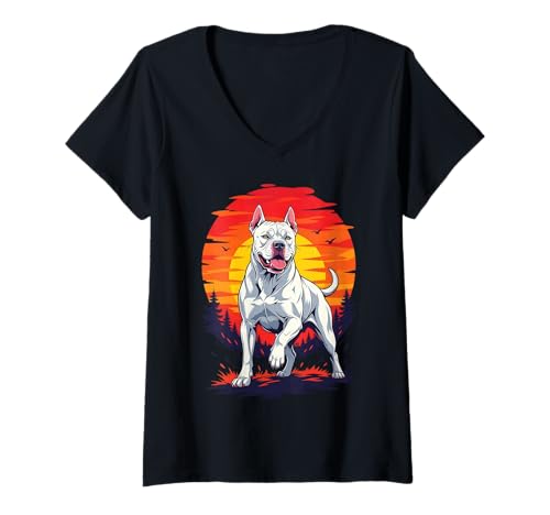 Damen Dogo Argentino Hundegrafik, Retro-Sonnenuntergang T-Shirt mit V-Ausschnitt von Dogo Argentino Dog Breed Art Lovers