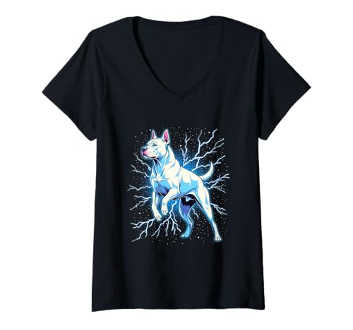 Damen Dogo Argentino Electric Power Hunderasse Kunst T-Shirt mit V-Ausschnitt von Dogo Argentino Dog Lover Electric Art