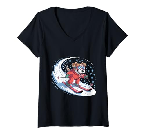 Damen Snow Dog Ski-Welpe, niedlicher Wintersportler, lustiger Ski-Meme-Hund T-Shirt mit V-Ausschnitt von Dogs Are Companions