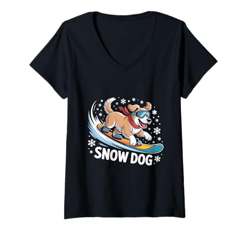 Damen Snow Dog Snowboard Puppy Cute Winter Sports Snowboard Dog T-Shirt mit V-Ausschnitt Damen Snow Dog Snowboard Puppy Cute Winter Sports Snowboard Dog T-Shirt mit V-Ausschnitt von Dogs Are Companions