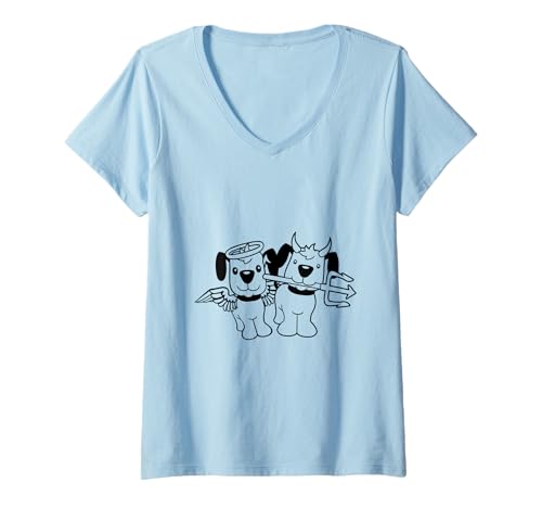 Damen 2 Hunde Engel Hölle Teufel Satan Himmel Gewissen Cartoon Spaß T-Shirt mit V-Ausschnitt von Dogs Funny Cute Dog Pet Owner Animal Lover Comics