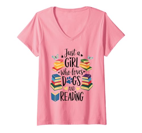 Damen Nur EIN Mädchen, das gerne liest und die Bücherbibliothek Hunde liebt T-Shirt mit V-Ausschnitt von Dogs and Reading