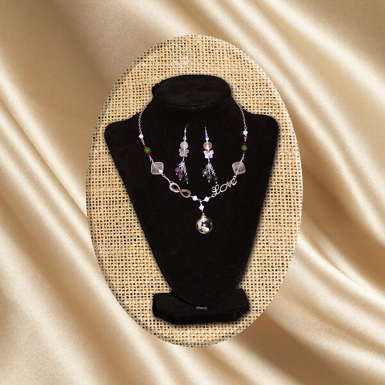 Schmuck Set - Terrarium Halskette Und Ohrringe Rosenquarz Jade Kette Aus Sterlingsilber, Links Ohrhaken Schmuck Set - Terrarium Halskette Und Ohrringe Rosenquarz Jade Kette Aus Sterlingsilber, Links Ohrhaken von DoinaJewelryCreation