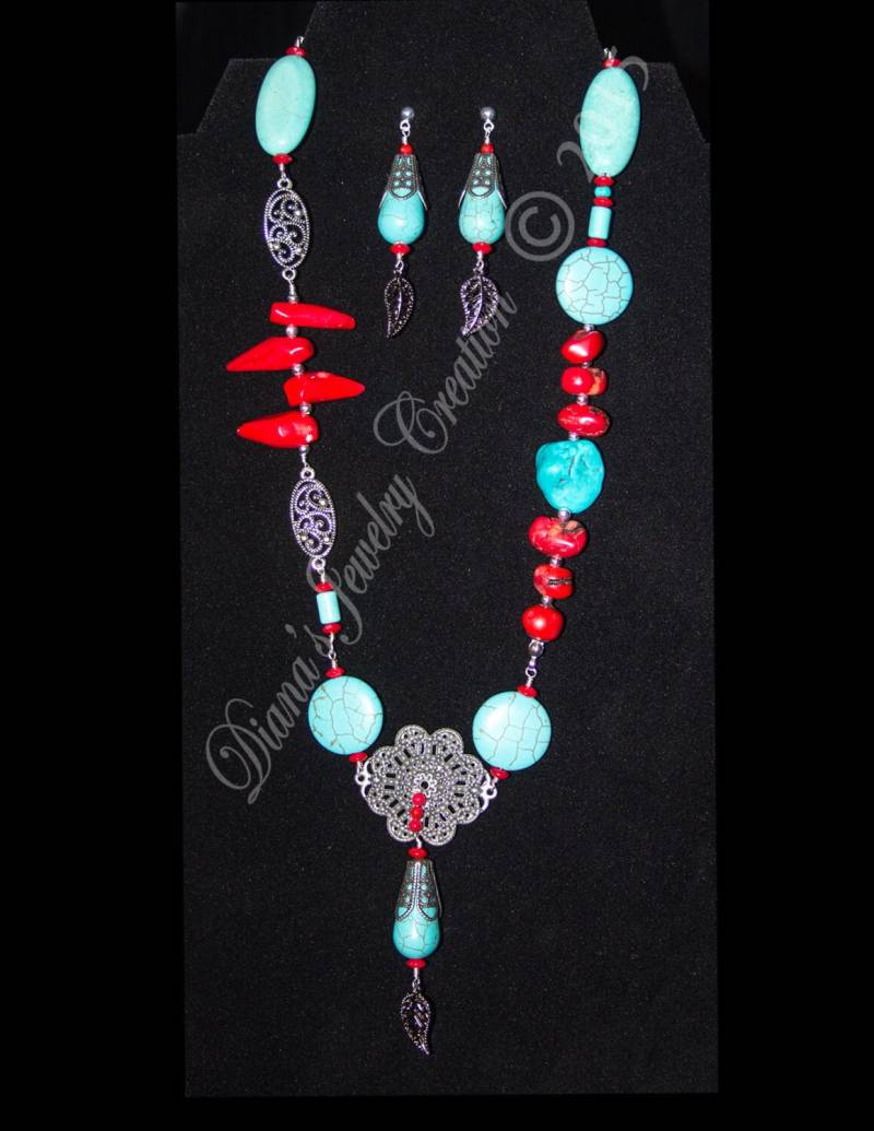 Wilde Westen - Türkis Gefärbt Howlite, Bambus-Koralle Mit Vintage-Silber Vergoldet Akzente Schmuck-Set Halskette Und Ohrringe Wilde Westen - Türkis Gefärbt Howlite, Bambus-Koralle Mit Vintage-Silber Vergoldet Akzente Schmuck-Set Halskette Und Ohrringe von DoinaJewelryCreation