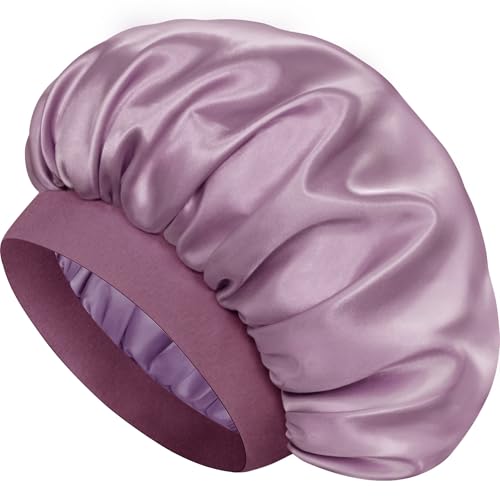 Doitory Satin-Seidenhaube zum Schlafen, doppellagige Schlafmütze aus Seide für Männer und Frauen, weiche Satin-gefütterte Haube für natürliches und lockiges Haar (Dunkelviolett) von Doitory