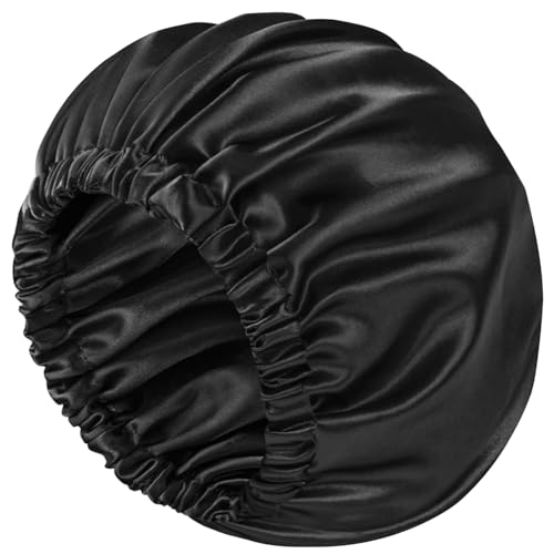 Doitory Seidenhaube zum Schlafen für Damen und Herren, doppellagige Satinhaube, weiche Satin-gefütterte Haarhaube, Schlafduschhaube für natürliches und lockiges Haar (schwarz) von Doitory