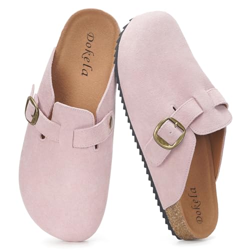 Damen Style Pantoletten Leder Kork-Fußbett Sandalen Hausschuhe Arbeitsschuhe Bequeme Classic Clogs, Rosa, 40 EU von Dokela