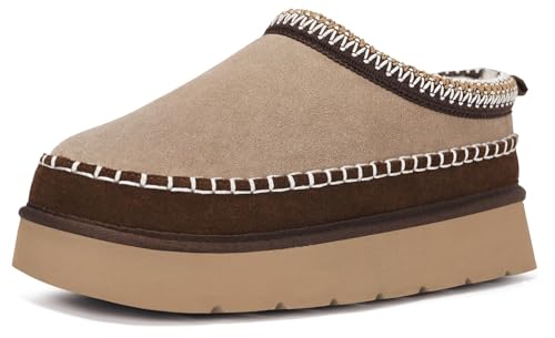 Damen Wildleder Hausschuhe Gefüttert Pantoffeln Echtes Leder Plattform Winter Warm Filzfutter Dicke Sohle Wasserdicht rutschfeste Slippers,Braun/Hellbraun,39 EU von Dokela