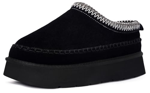 Damen Wildleder Hausschuhe Gefüttert Pantoffeln Echtes Leder Plattform Winter Warm Filzfutter Dicke Sohle Wasserdicht rutschfeste Slippers,Schwarz,38 EU von Dokela