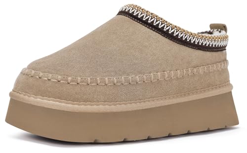 Damen Wildleder Hausschuhe Plattform Echtes Leder Mini Stiefel mit Warm Filzfutter Dicke Sohle Winter Wasserdicht rutschfeste Kurze Stiefeletten,Khaki,40 EU von Dokela