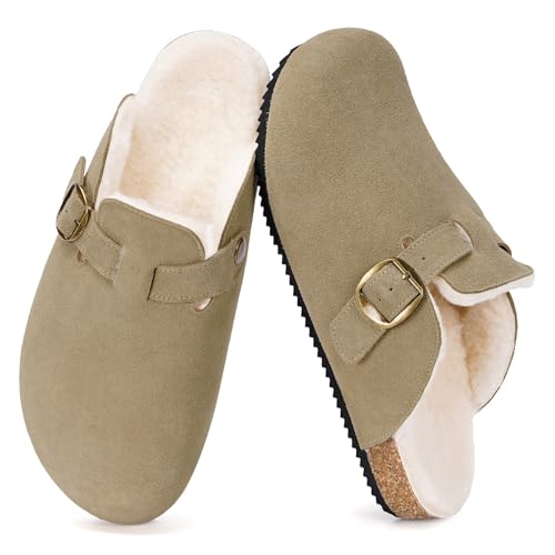 Dokela Clogs Gefüttert Damen Pantoletten Herren Hausschuhe Winter Latschen Leder Schlappen Wärme Plüsch Mit Fußbett rutschfest Beige 38 von Dokela