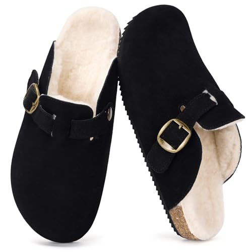 Dokela Clogs Gefüttert Damen Winter Hausschuhe Herren Wärme Plüsch Pantoletten Latschen Leder Schlappen Mit Fußbett rutschfest Schwarz 37 von Dokela