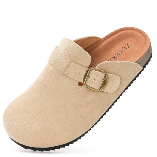Dokela Clogs Kinder Weiche Pantoletten Mädchen Verstellbare Hausschuhe Jungen Bequeme Latschen Slip-On Kartoffelschuhe Kork Fußbett rutschfest Außensohle,Beige,34EU von Dokela