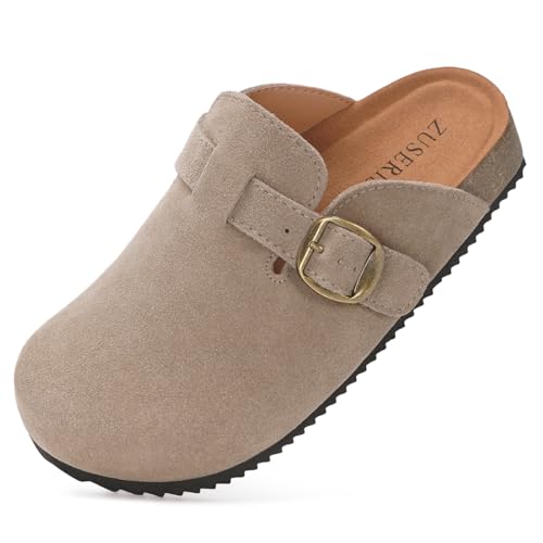 Dokela Clogs Kinder Weiche Pantoletten Mädchen Verstellbare Hausschuhe Jungen Bequeme Latschen Slip-On Kartoffelschuhe Kork Fußbett rutschfest Außensohle,Hellbraun,37EU von Dokela