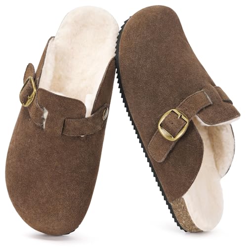 Dokela Clogs Winter Herren Hausschuhe Gefüttert Winter Pantoletten Wärme Plüsch Latschen Leder Schlappen Mit Fußbett rutschfest Kaffee 46 von Dokela